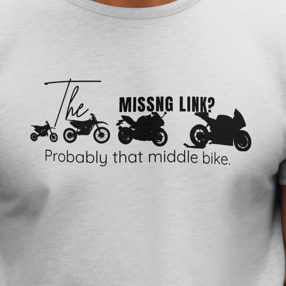 White Graphic Tee "The Missing Link" Motorcycle Evolution Sport Bike MotoGP